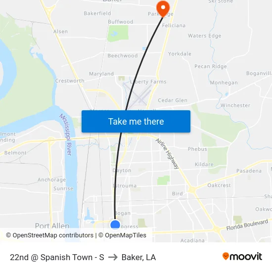 22nd @ Spanish Town - S to Baker, LA map