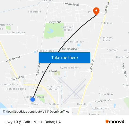 Hwy 19 @ Stilt - N to Baker, LA map
