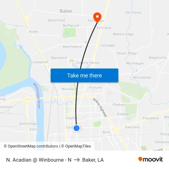 N. Acadian @ Winbourne - N to Baker, LA map