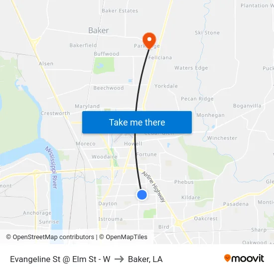 Evangeline St @ Elm St - W to Baker, LA map