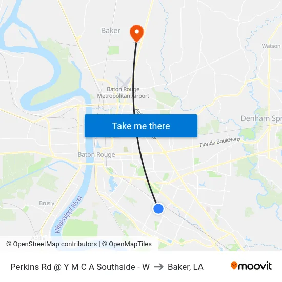 Perkins Rd @ Y M C A Southside - W to Baker, LA map
