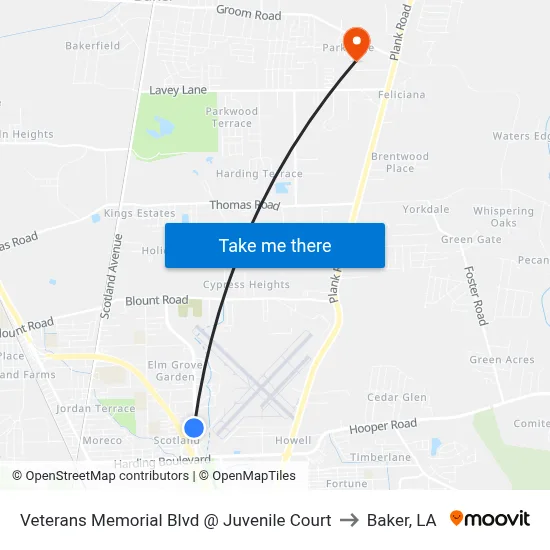 Veterans Memorial Blvd @ Juvenile Court to Baker, LA map