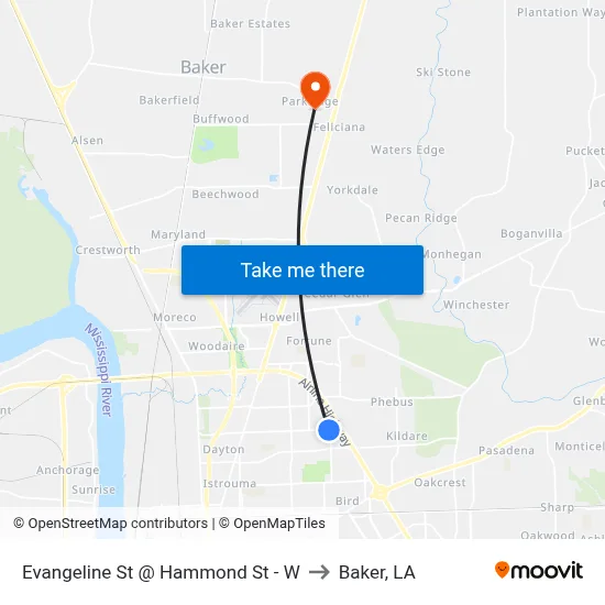 Evangeline St @ Hammond St - W to Baker, LA map