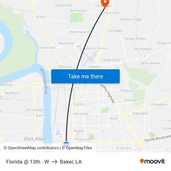 Florida @ 13th - W to Baker, LA map