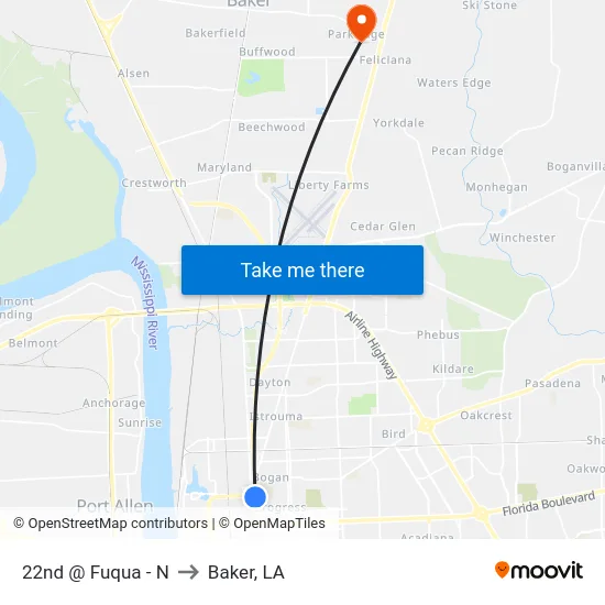 22nd @ Fuqua - N to Baker, LA map