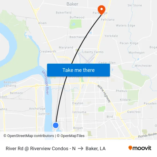 River Rd @ Riverview Condos - N to Baker, LA map