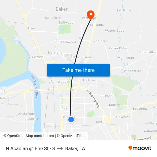 N Acadian @ Erie St - S to Baker, LA map