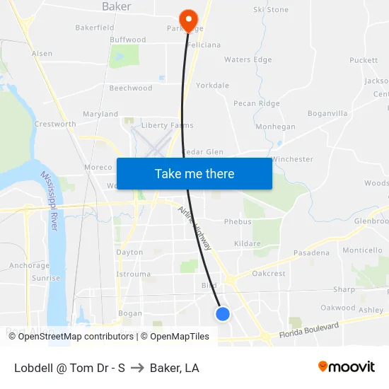 Lobdell @ Tom Dr - S to Baker, LA map