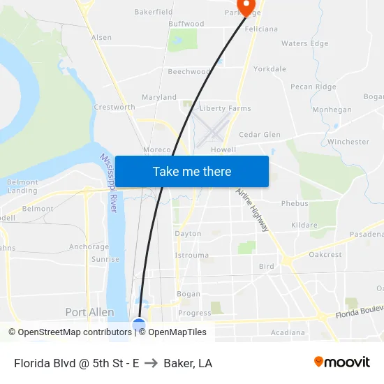 Florida Blvd @ 5th St - E to Baker, LA map