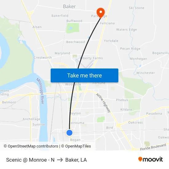 Scenic @ Monroe - N to Baker, LA map