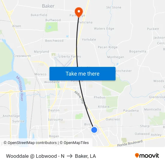 Wooddale @ Lobwood - N to Baker, LA map