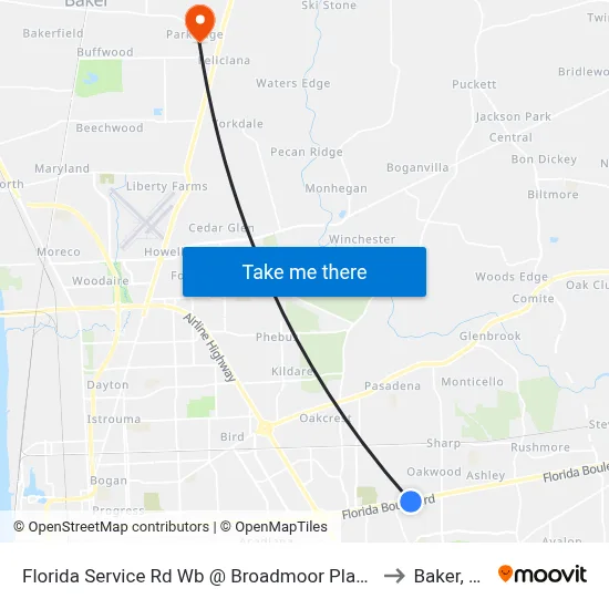 Florida Service Rd Wb @ Broadmoor Planta to Baker, LA map
