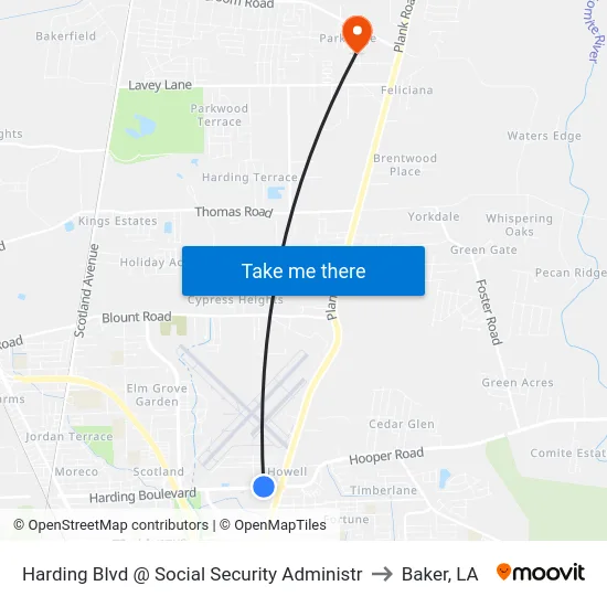 Harding Blvd @ Social Security Administr to Baker, LA map