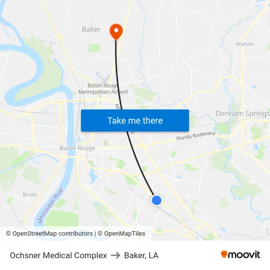 Ochsner Medical Complex to Baker, LA map