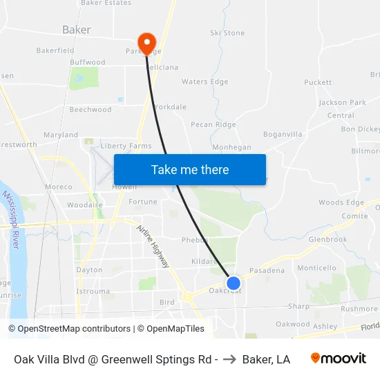 Oak Villa Blvd @ Greenwell Sptings Rd - to Baker, LA map
