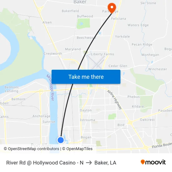 River Rd @ Hollywood Casino - N to Baker, LA map