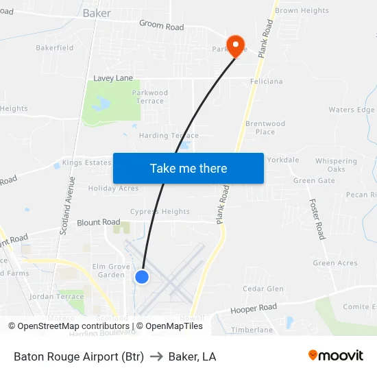 Baton Rouge Airport (Btr) to Baker, LA map