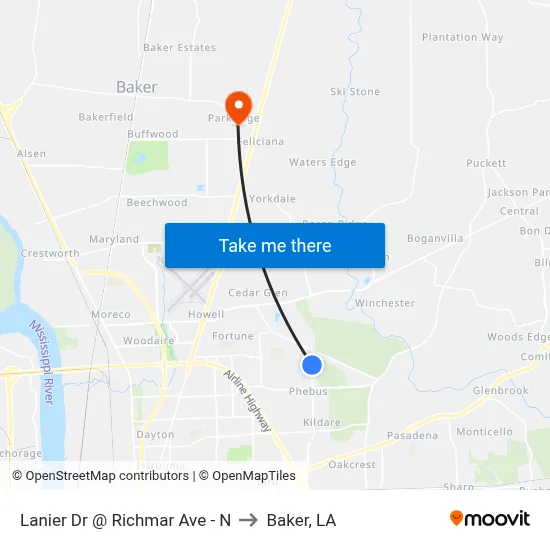 Lanier Dr @ Richmar Ave - N to Baker, LA map