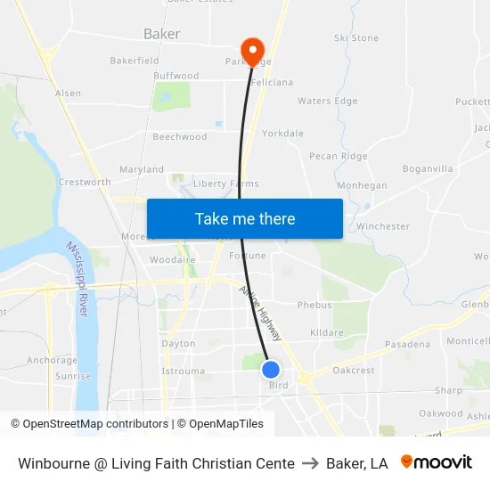 Winbourne @ Living Faith Christian Cente to Baker, LA map