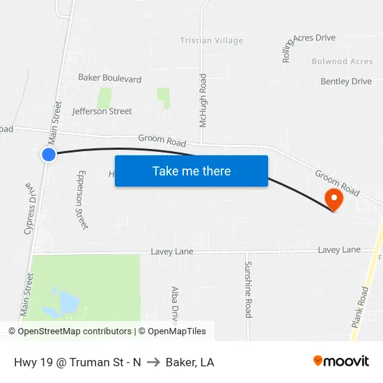 Hwy 19 @ Truman St - N to Baker, LA map