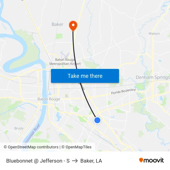 Bluebonnet @ Jefferson - S to Baker, LA map
