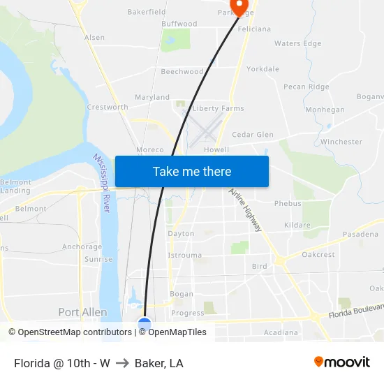 Florida @ 10th - W to Baker, LA map