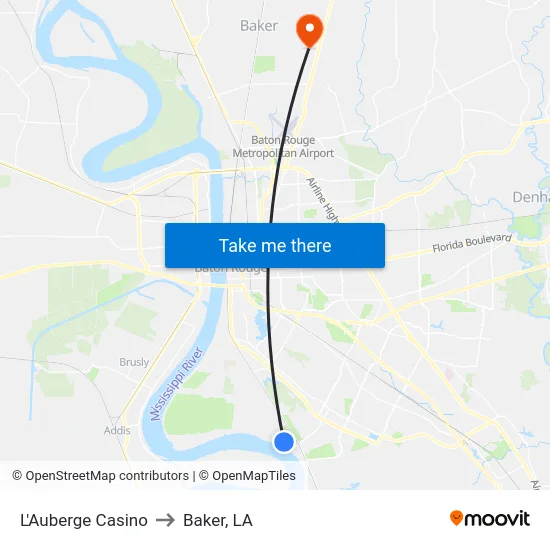 L'Auberge Casino to Baker, LA map