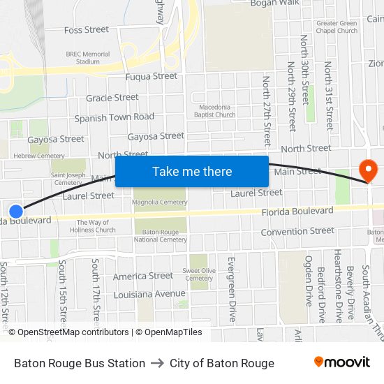 Baton Rouge Bus Station to City of Baton Rouge map