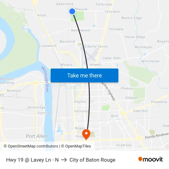 Hwy 19 @ Lavey Ln - N to City of Baton Rouge map