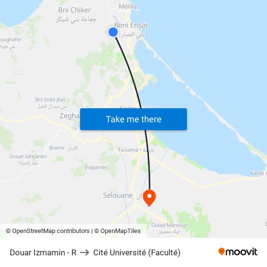 Douar Izmamin - R to Cité Université (Faculté) map