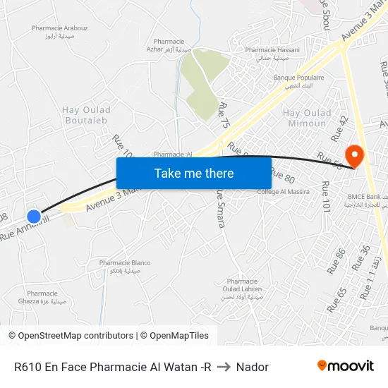 R610 En Face Pharmacie Al Watan -R to Nador map