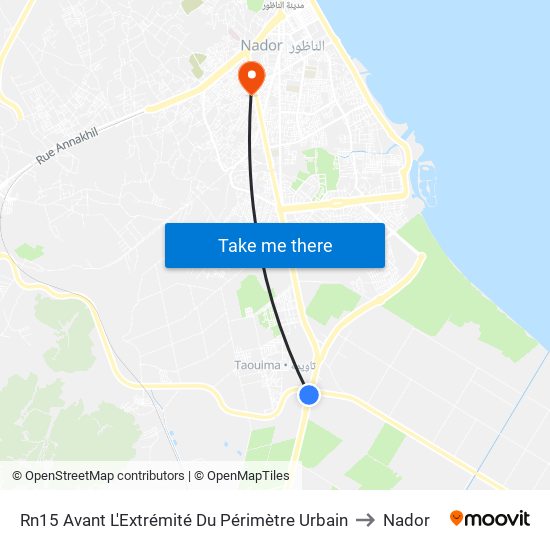 Rn15 Avant L'Extrémité  Du Périmètre Urbain to Nador map