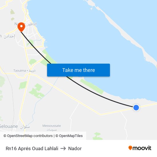 Rn16 Aprés Ouad Lahlali to Nador map