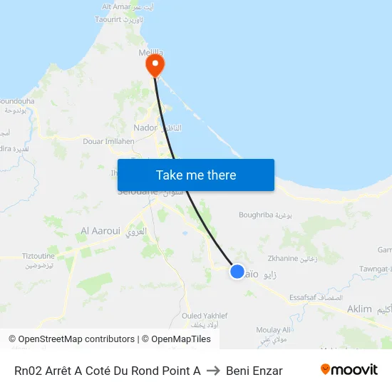 Rn02 Arrêt A Coté Du Rond Point A to Beni Enzar map