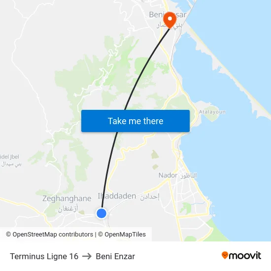 Terminus Ligne 16 to Beni Enzar map