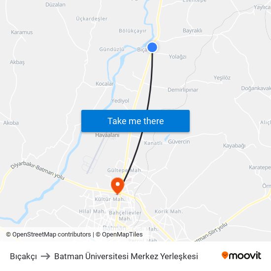 Bıçakçı to Batman Üniversitesi Merkez Yerleşkesi map