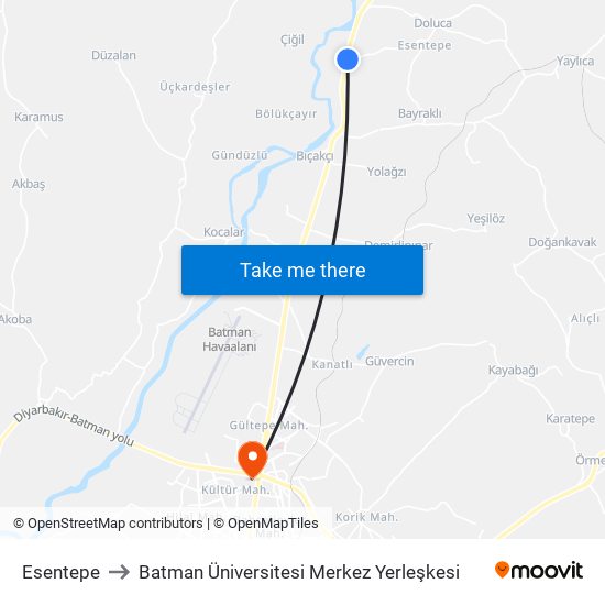 Esentepe to Batman Üniversitesi Merkez Yerleşkesi map