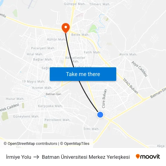 İrmiye Yolu to Batman Üniversitesi Merkez Yerleşkesi map