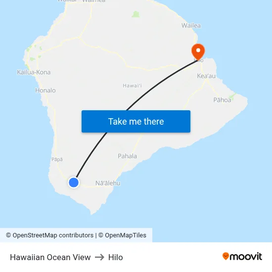 Hawaiian Ocean View to Hilo map