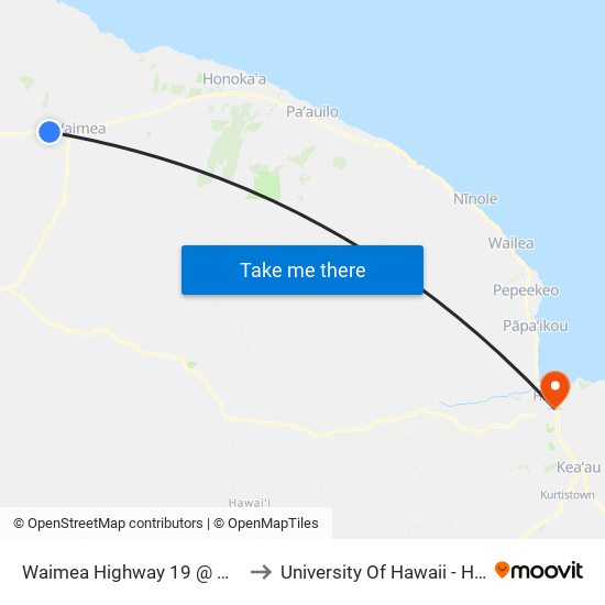 Waimea Highway 19 @ Highway 250 (Farside) to University Of Hawaii - Hilo Manono Campus map