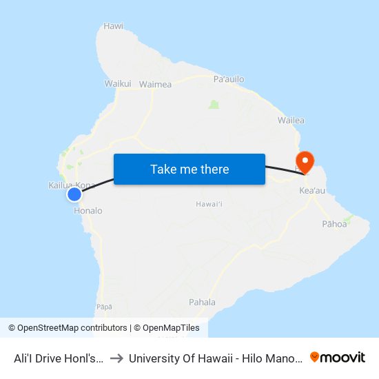 Ali'I Drive Honl's Beach to University Of Hawaii - Hilo Manono Campus map