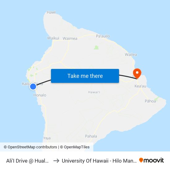 Ali'I Drive @ Hualalai Road to University Of Hawaii - Hilo Manono Campus map