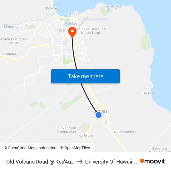 Old Volcano Road @ Kea'Au Pahoa Road (Us Post Office) to University Of Hawaii - Hilo Manono Campus map