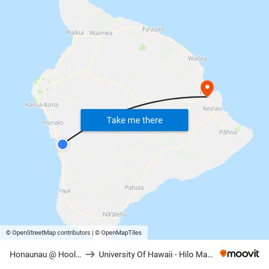 Honaunau @ Hoolala Road to University Of Hawaii - Hilo Manono Campus map