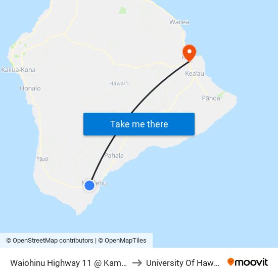 Waiohinu Highway 11 @ Kamaoa Road (In Front Wong Yuen Store) to University Of Hawaii - Hilo Manono Campus map