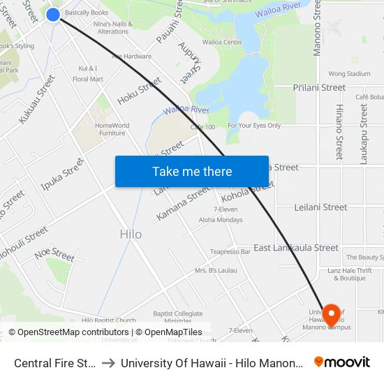 Central Fire Station to University Of Hawaii - Hilo Manono Campus map