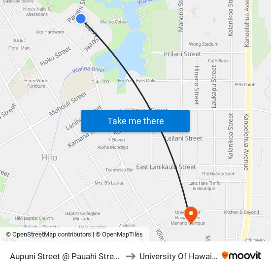 Aupuni Street @ Pauahi Street (Aupuni Center County Building) to University Of Hawaii - Hilo Manono Campus map