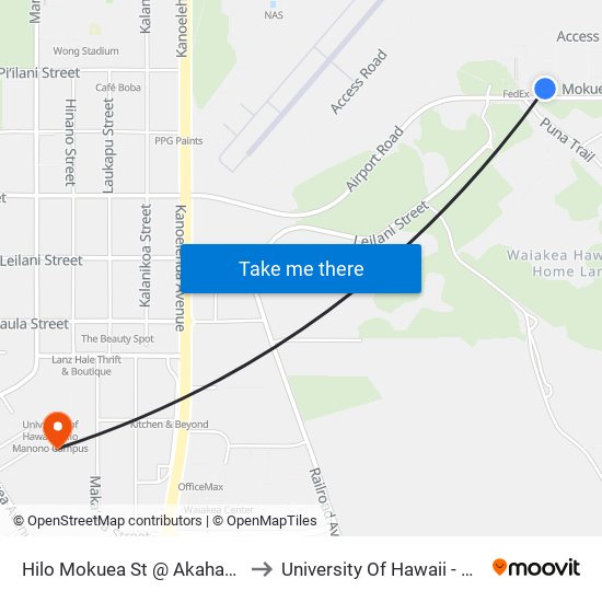 Hilo Mokuea St @ Akahana St / Hilo Post Office to University Of Hawaii - Hilo Manono Campus map