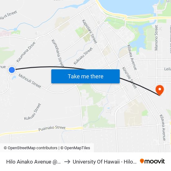 Hilo Ainako Avenue @ Kaumana Drive to University Of Hawaii - Hilo Manono Campus map