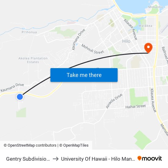 Gentry Subdivision Keo St to University Of Hawaii - Hilo Manono Campus map